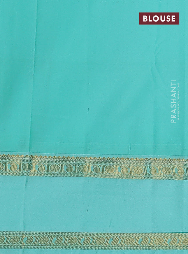 Semi kanchipuram silk saree red shade and teal green shade with allover zari checks & buttas and rettapet zari woven korvai border