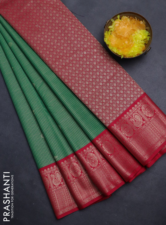 Semi kanchipuram silk saree green and pink with allover zari checks & buttas and zari woven korvai border
