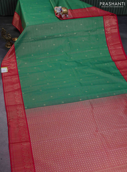 Semi kanchipuram silk saree green and pink with allover zari checks & buttas and zari woven korvai border