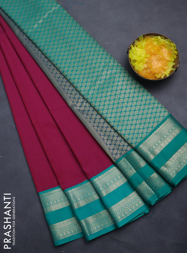 Semi kanchipuram silk saree dark magenta pink and teal green with zari woven buttas and rettapet zari woven korvai border