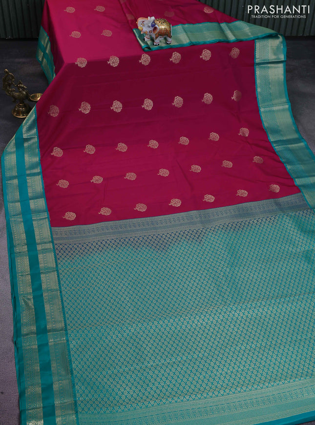 Semi kanchipuram silk saree dark magenta pink and teal green with zari woven buttas and rettapet zari woven korvai border