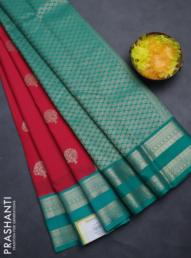 Semi kanchipuram silk saree tomato pink and teal green with zari woven buttas and rettapet zari woven korvai border