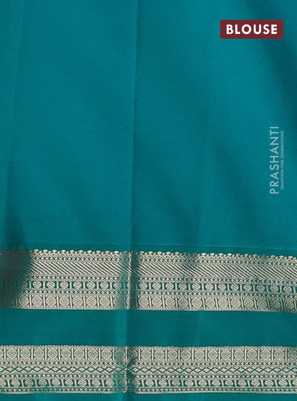 Semi kanchipuram silk saree tomato pink and teal green with zari woven buttas and rettapet zari woven korvai border