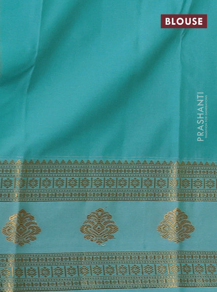 Semi kanchipuram silk saree mustard yellow and teal blue with zari woven buttas and rich zari woven korvai border