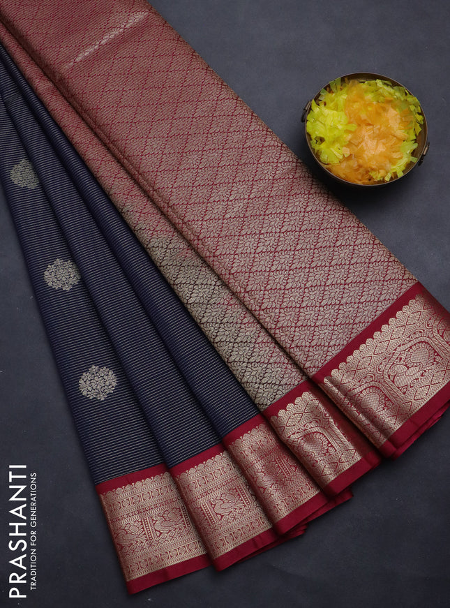 Semi kanchipuram silk saree navy blue and pink with allover zari weaves & buttas and rich zari woven korvai border