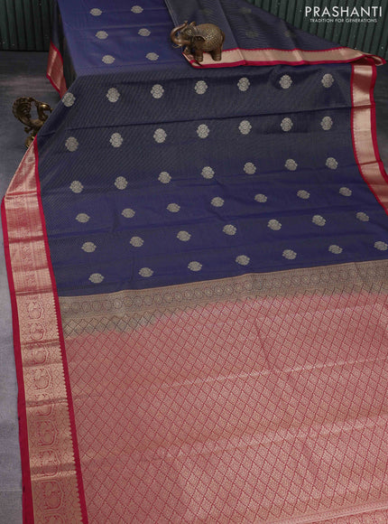 Semi kanchipuram silk saree navy blue and pink with allover zari weaves & buttas and rich zari woven korvai border