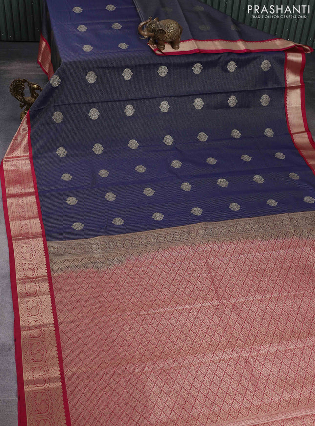 Semi kanchipuram silk saree navy blue and pink with allover zari weaves & buttas and rich zari woven korvai border