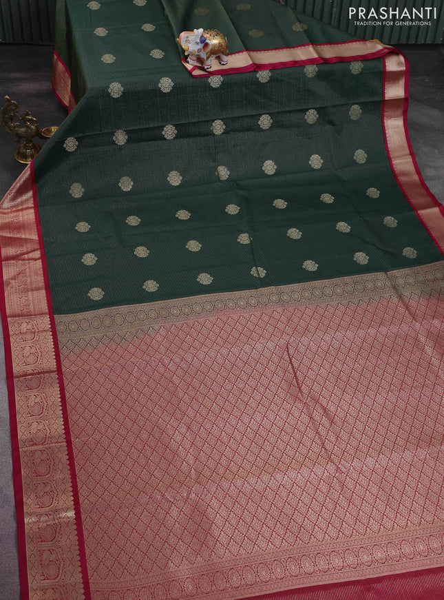 Semi kanchipuram silk saree bottle green and pink with allover zari weaves & buttas and rich zari woven korvai border