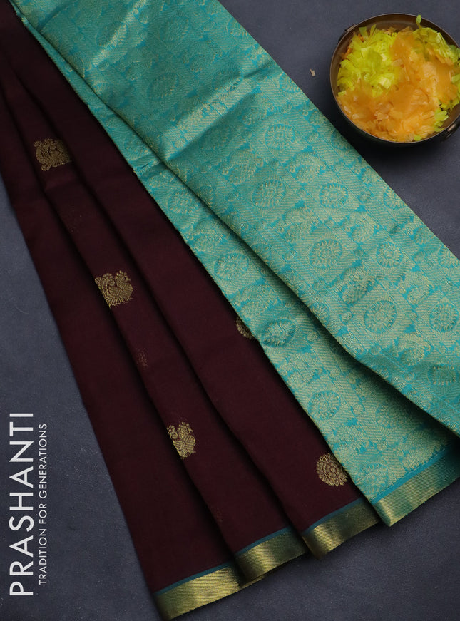 Silk cotton saree brown and teal blue with annam zari woven buttas and zari woven border
