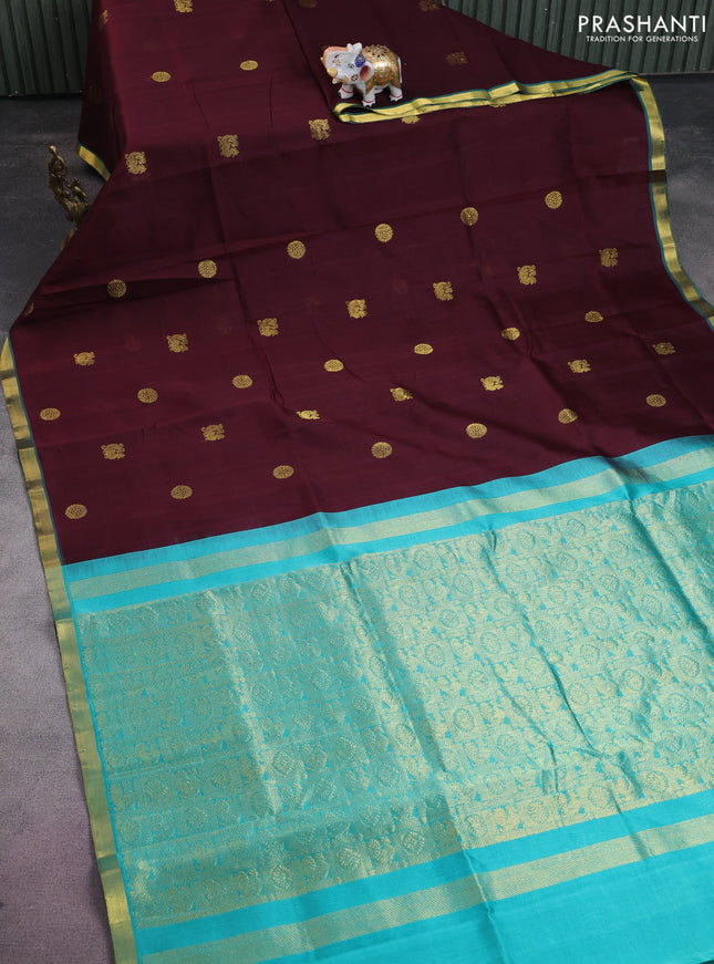 Silk cotton saree brown and teal blue with annam zari woven buttas and zari woven border