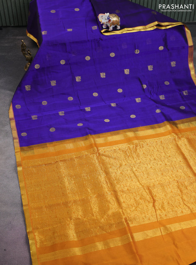 Silk cotton saree blue and mustard yellow with annam zari woven buttas and zari woven border