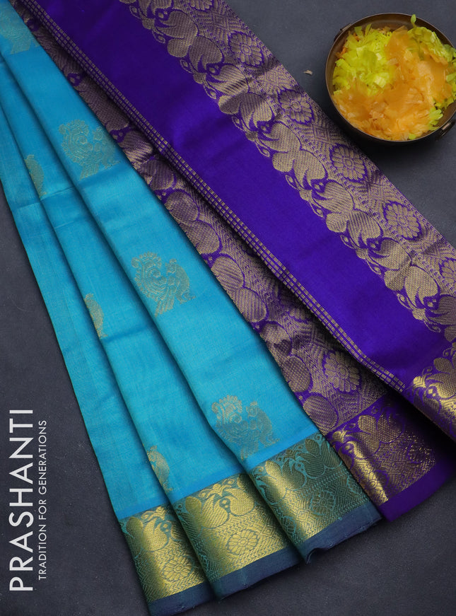 Silk cotton saree teal blue and blue with annam zari woven buttas and zari woven border