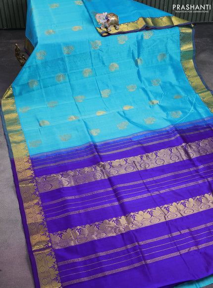 Silk cotton saree teal blue and blue with annam zari woven buttas and zari woven border