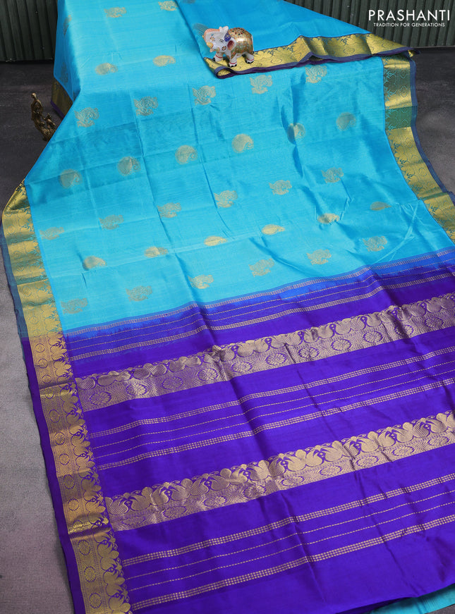 Silk cotton saree teal blue and blue with annam zari woven buttas and zari woven border