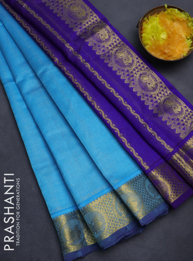 Silk cotton saree light blue and blue with allover vairaosi pattern and annam zari woven border