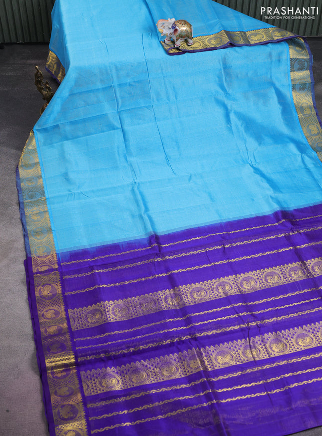 Silk cotton saree light blue and blue with allover vairaosi pattern and annam zari woven border