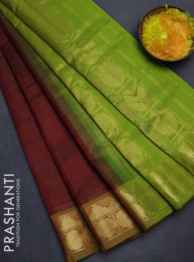 Silk cotton saree maroon and light green with allover vairaosi pattern and zari woven border