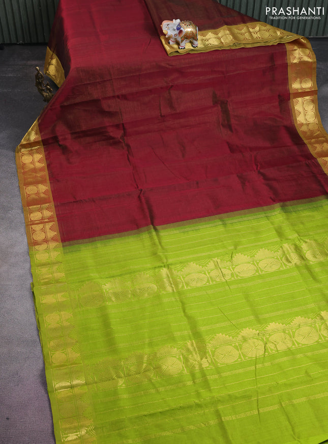 Silk cotton saree maroon and light green with allover vairaosi pattern and zari woven border