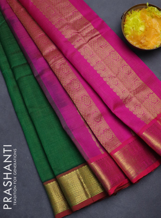Silk cotton saree green and pink with allover vairaosi pattern and zari woven border