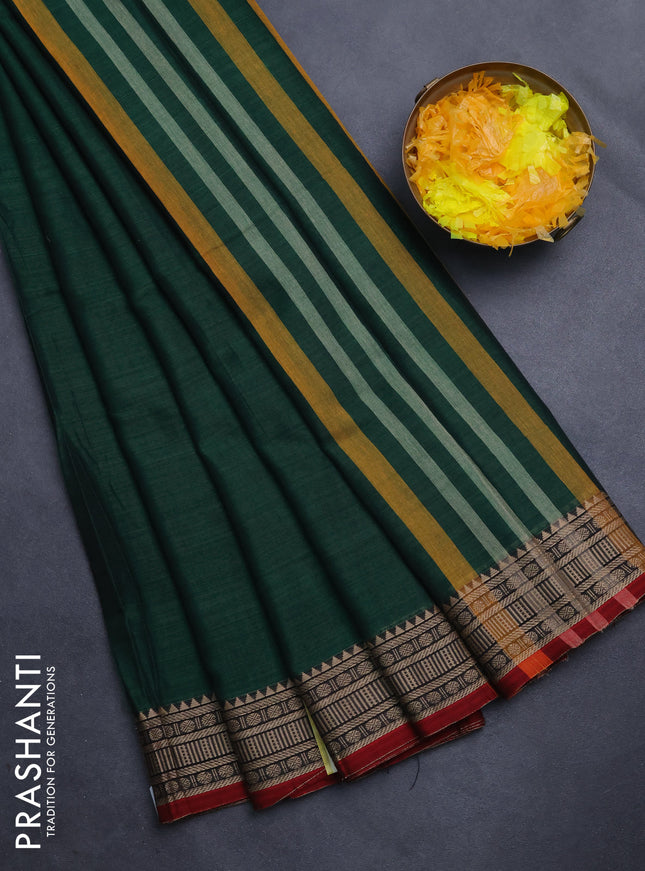 Narayanpet cotton saree green and maroon with plain body and thread woven border