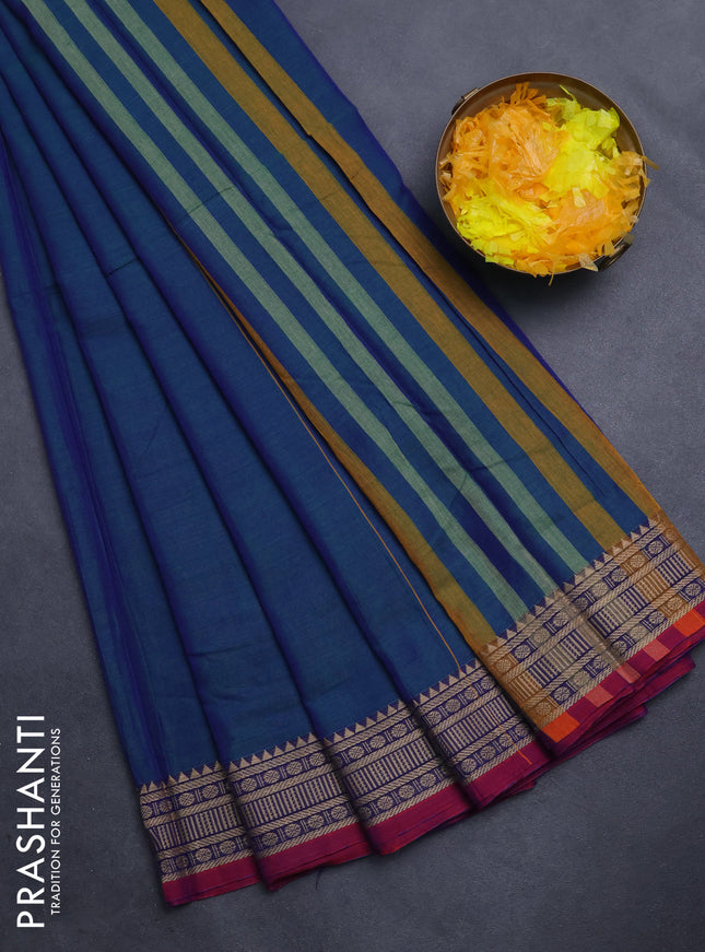 Narayanpet cotton saree dual shade of bluish green and magenta pink with plain body and thread woven border