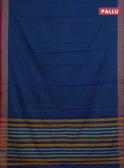 Narayanpet cotton saree dual shade of bluish green and magenta pink with plain body and thread woven border