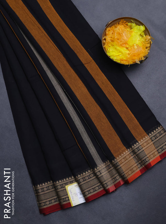 Narayanpet cotton saree black and maroon with plain body and thread woven border