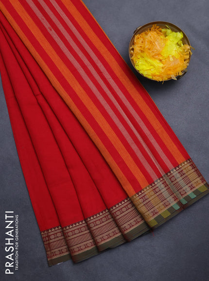 Narayanpet cotton saree red and dual shade of green with plain body and thread woven border