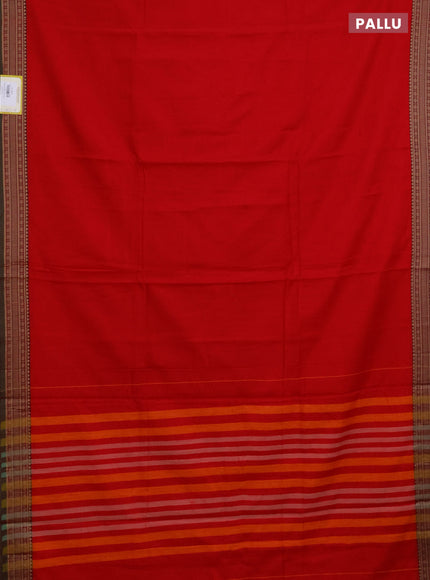 Narayanpet cotton saree red and dual shade of green with plain body and thread woven border