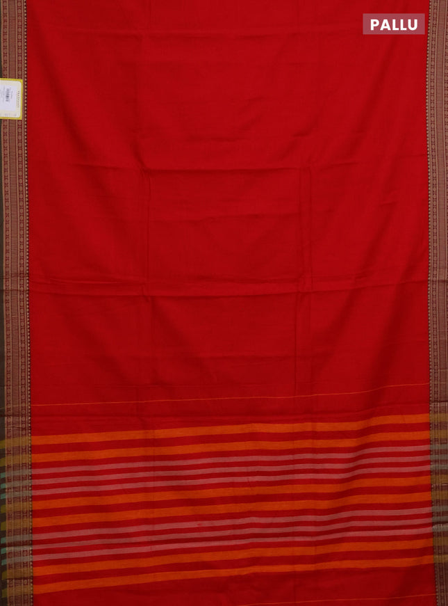 Narayanpet cotton saree red and dual shade of green with plain body and thread woven border