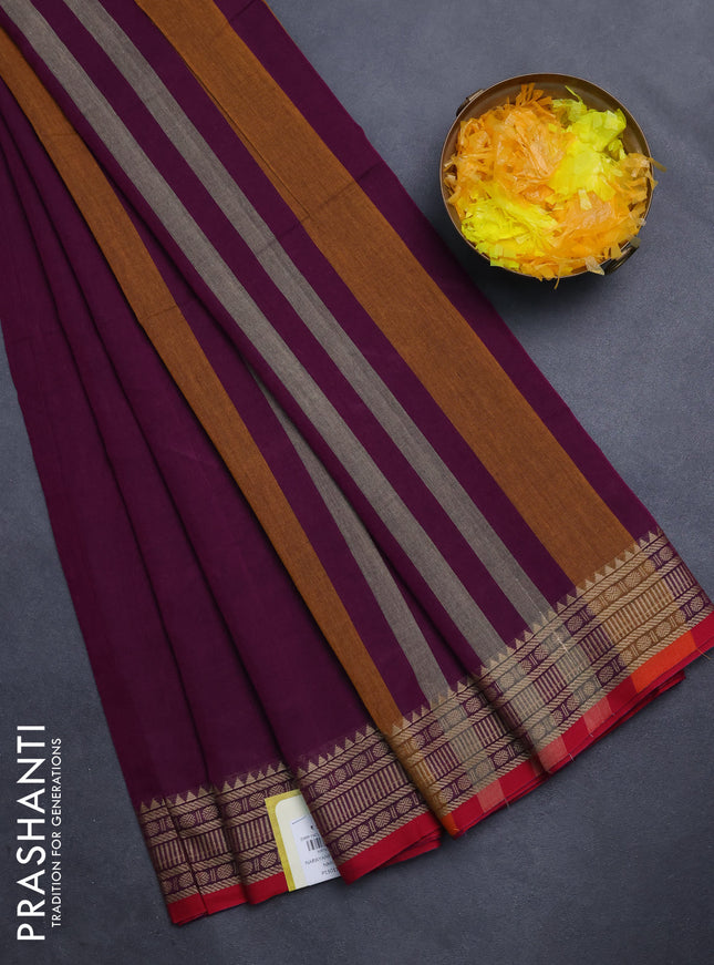 Narayanpet cotton saree purple and red with plain body and thread woven border