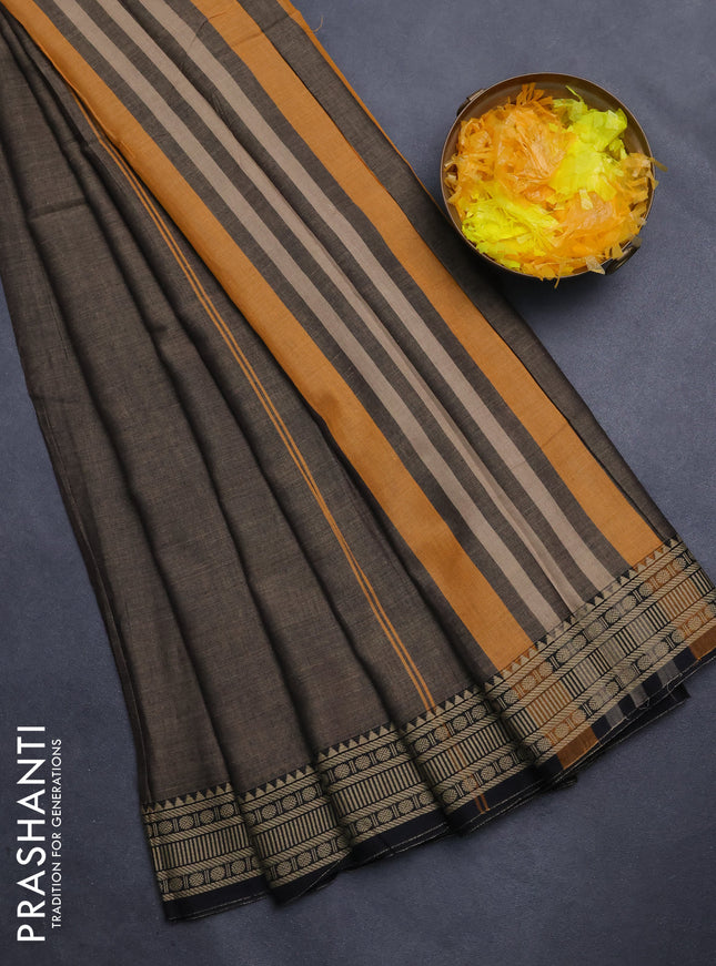 Narayanpet cotton saree chikku shade and black with plain body and thread woven border