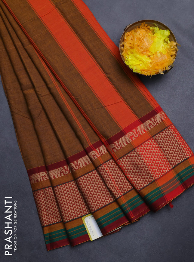Narayanpet cotton saree dark mustard and maroon with plain body and thread woven border