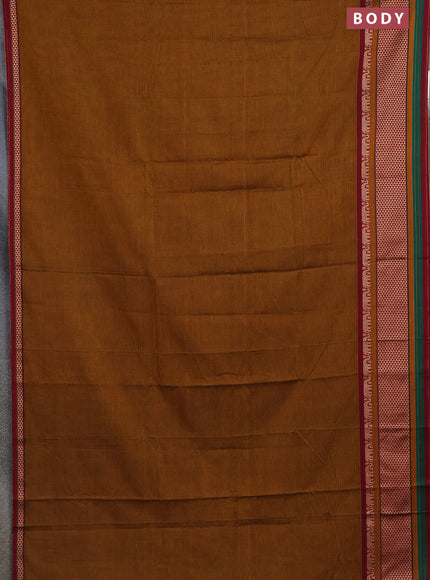 Narayanpet cotton saree dark mustard and maroon with plain body and thread woven border