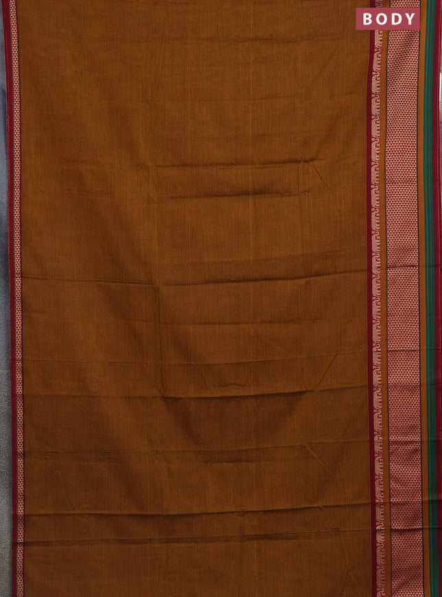 Narayanpet cotton saree dark mustard and maroon with plain body and thread woven border