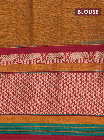 Narayanpet cotton saree dark mustard and maroon with plain body and thread woven border