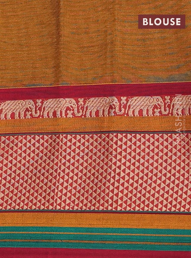 Narayanpet cotton saree dark mustard and maroon with plain body and thread woven border