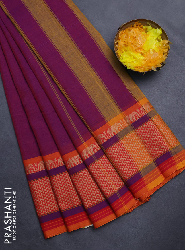 Narayanpet cotton saree purple and mustard shade with plain body and thread woven border