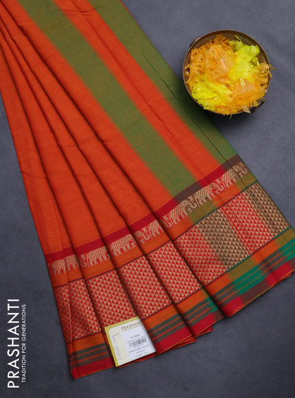 Narayanpet cotton saree orange and red with plain body and thread woven border