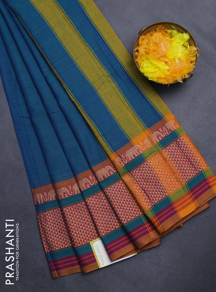 Narayanpet cotton saree dual shade of green with plain body and thread woven border
