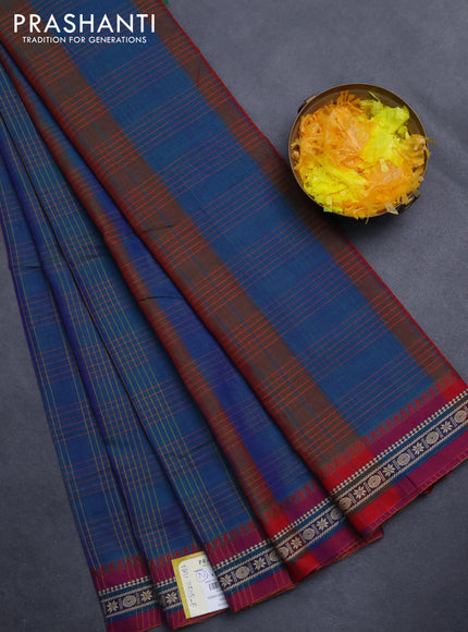 Narayanpet cotton saree dual shade of bluish green and magenta pink with allover checked pattern and thread woven border