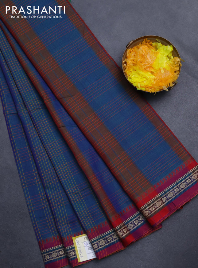 Narayanpet cotton saree dual shade of bluish green and magenta pink with allover checked pattern and thread woven border