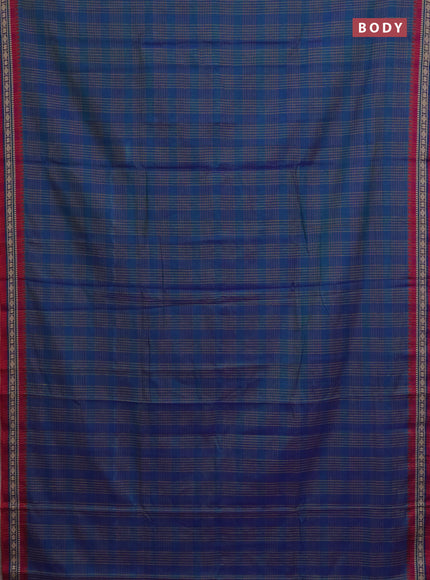 Narayanpet cotton saree dual shade of bluish green and magenta pink with allover checked pattern and thread woven border