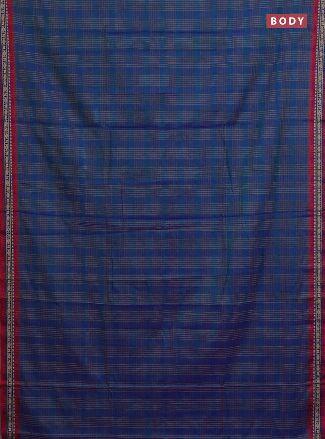 Narayanpet cotton saree dual shade of bluish green and magenta pink with allover checked pattern and thread woven border