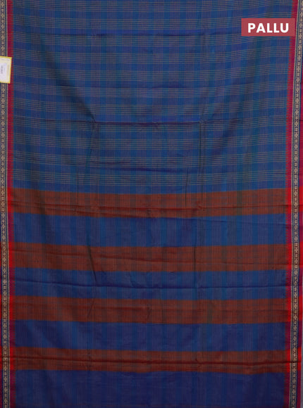 Narayanpet cotton saree dual shade of bluish green and magenta pink with allover checked pattern and thread woven border
