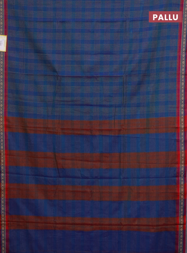 Narayanpet cotton saree dual shade of bluish green and magenta pink with allover checked pattern and thread woven border