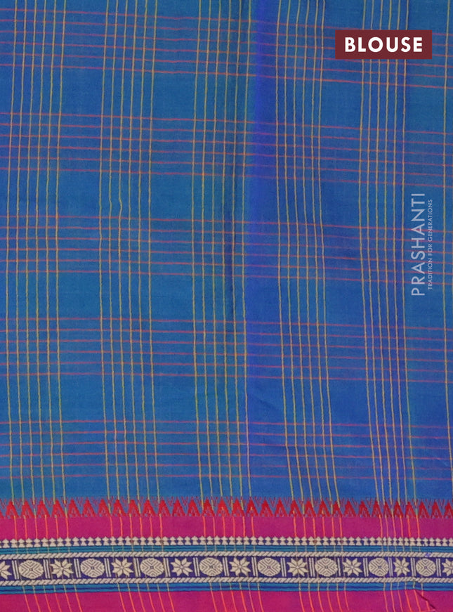 Narayanpet cotton saree dual shade of bluish green and magenta pink with allover checked pattern and thread woven border