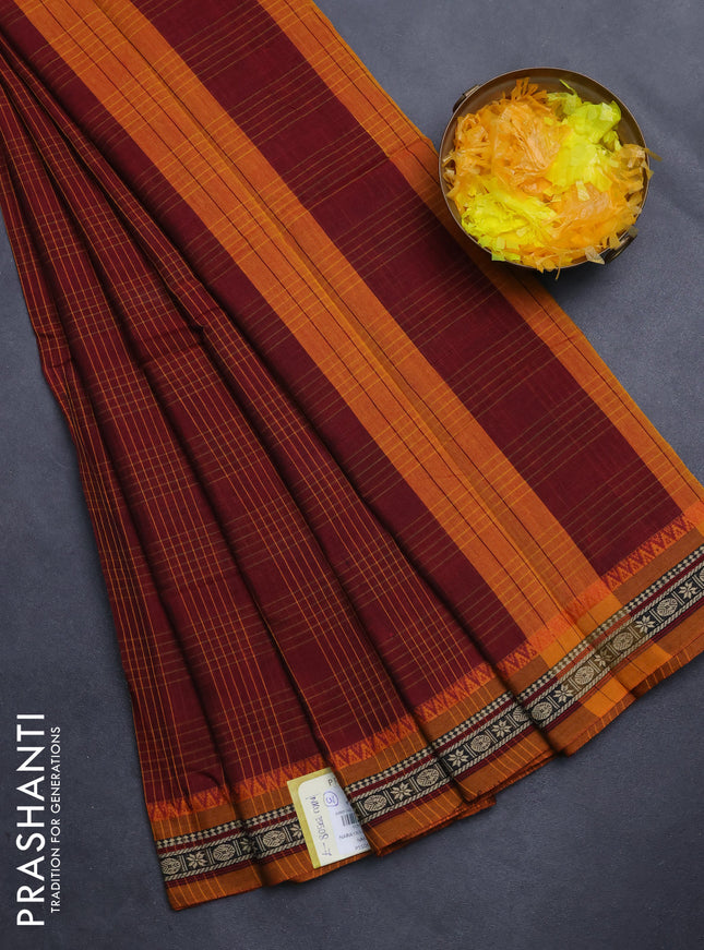 Narayanpet cotton saree maroon and mustard yellow with allover checked pattern and thread woven border