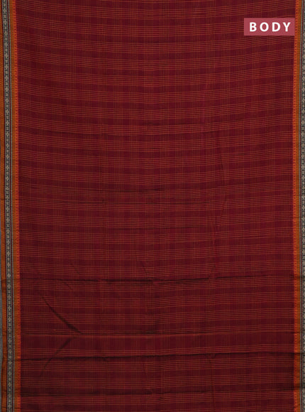 Narayanpet cotton saree maroon and mustard yellow with allover checked pattern and thread woven border