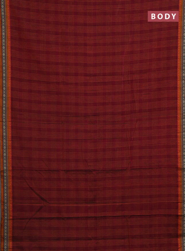 Narayanpet cotton saree maroon and mustard yellow with allover checked pattern and thread woven border